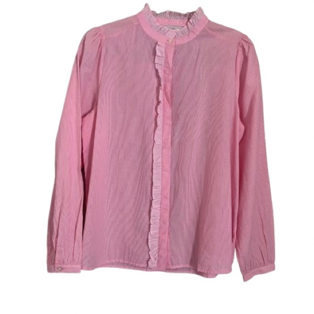 LOFT Pink and White Ruffle Blouse